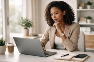 Álláskereső modern irodában laptopon online állásokat böngészve