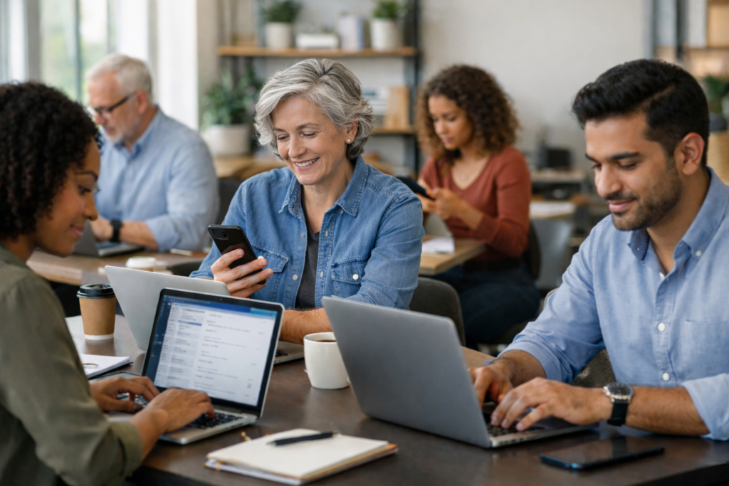 Diverz, modern álláskeresők laptopokkal digitális álláshirdetés böngészése közben