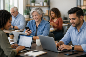 Diverz, modern álláskeresők laptopokkal digitális álláshirdetés böngészése közben