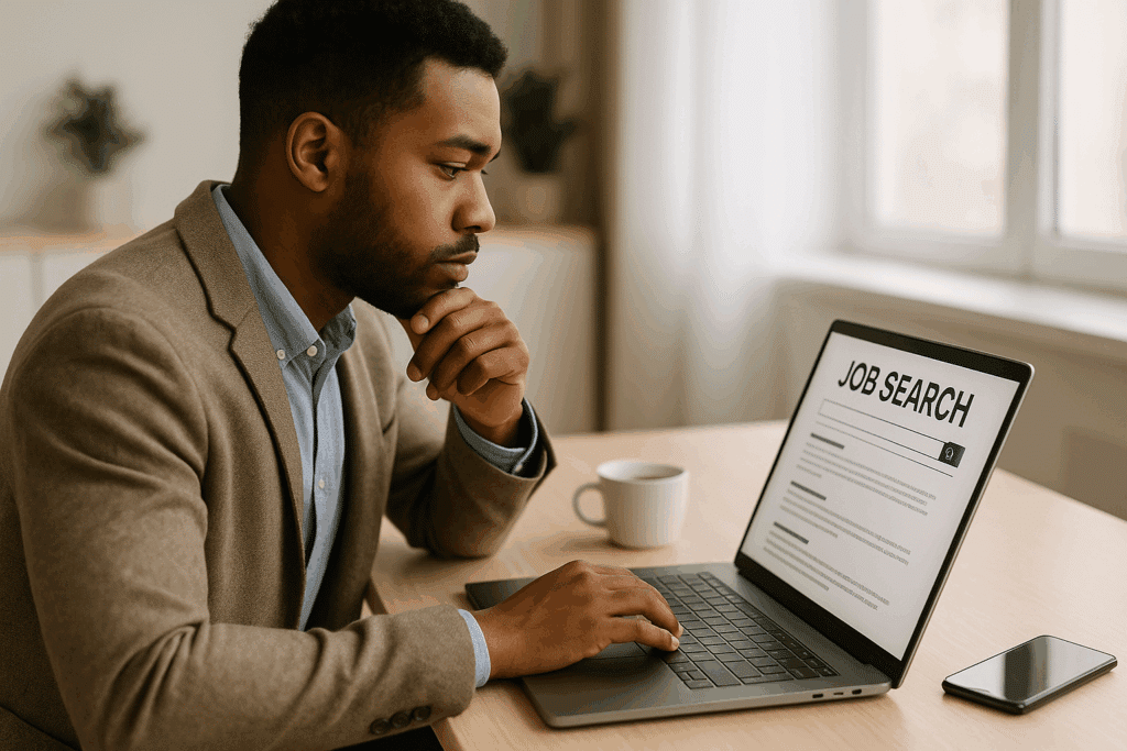 Álláskereső modern irodában laptopon online állásokat böngészve