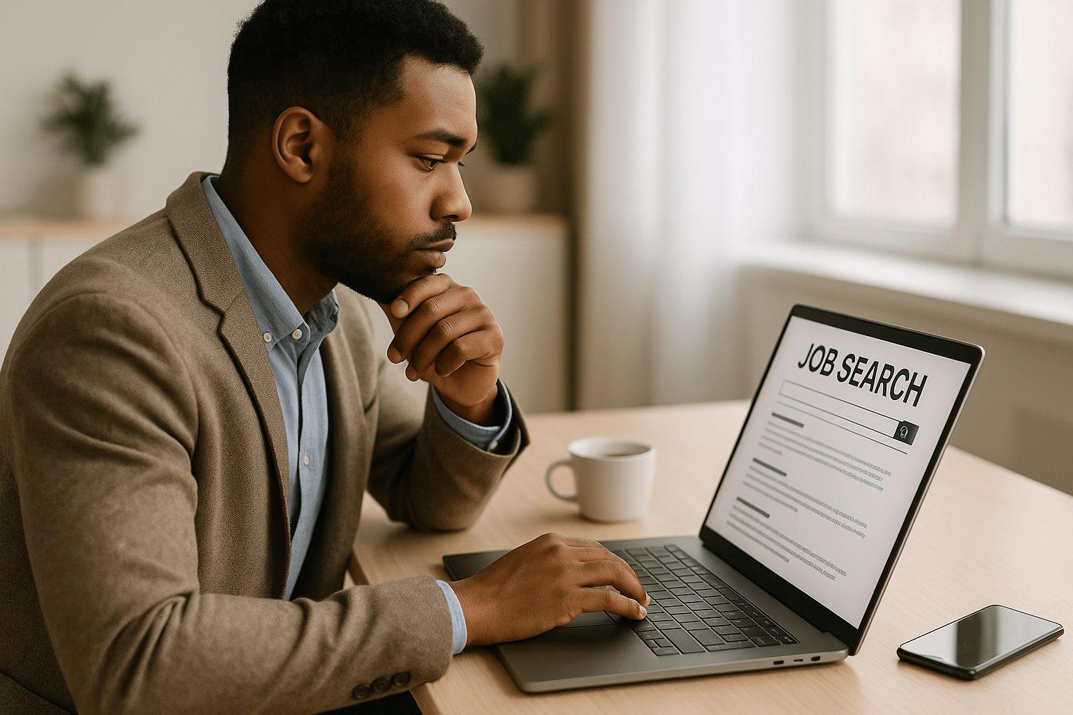 Álláskereső modern irodában laptopon online állásokat böngészve