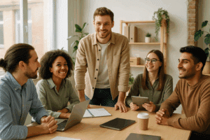 Fiatal Z generációs vezetők értékalapú vezetés közben modern irodában