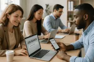 Diverz, modern álláskeresők laptopokkal digitális álláshirdetés böngészése közben