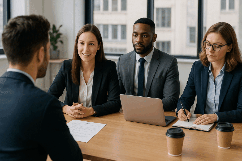 Jelöltélmény egy modern toborzási folyamat során, együttműködő szakemberek.