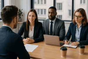 Jelöltélmény egy modern toborzási folyamat során, együttműködő szakemberek.