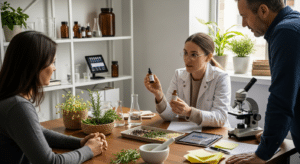 HerbClinic konzultáció: fitoterapeuta magyaráz gyógynövényes tinktúrát női kliensnek