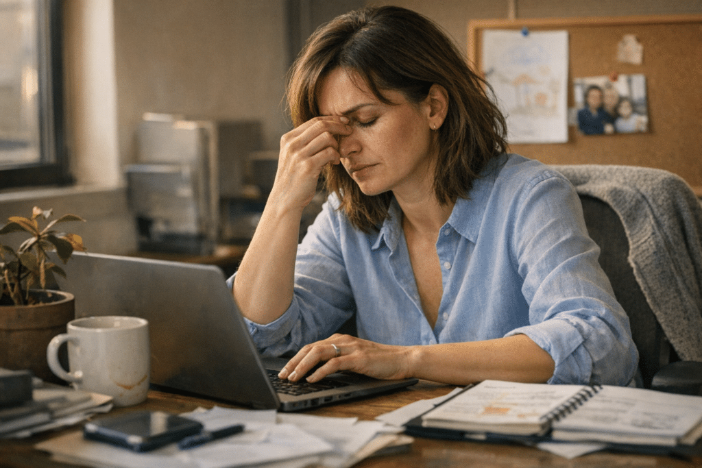 burnout jeleit mutató középkorú nő zsúfolt munkaasztalnál