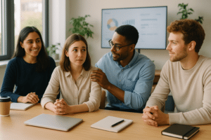 Fiatal generációs munkavállalók megtartása mentorálással modern irodai környezetben.