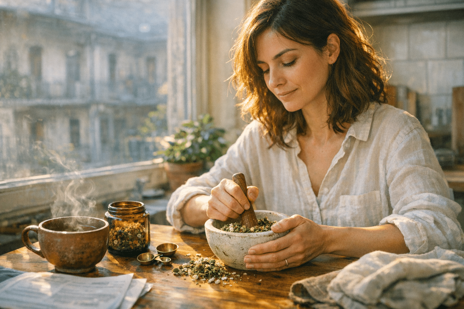 Nő készít gyógynövényes teát az ovuláció támogatása érdekében.