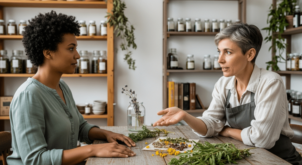 Két nő gyógynövényes konzultációja szabálytalan ciklus támogatására