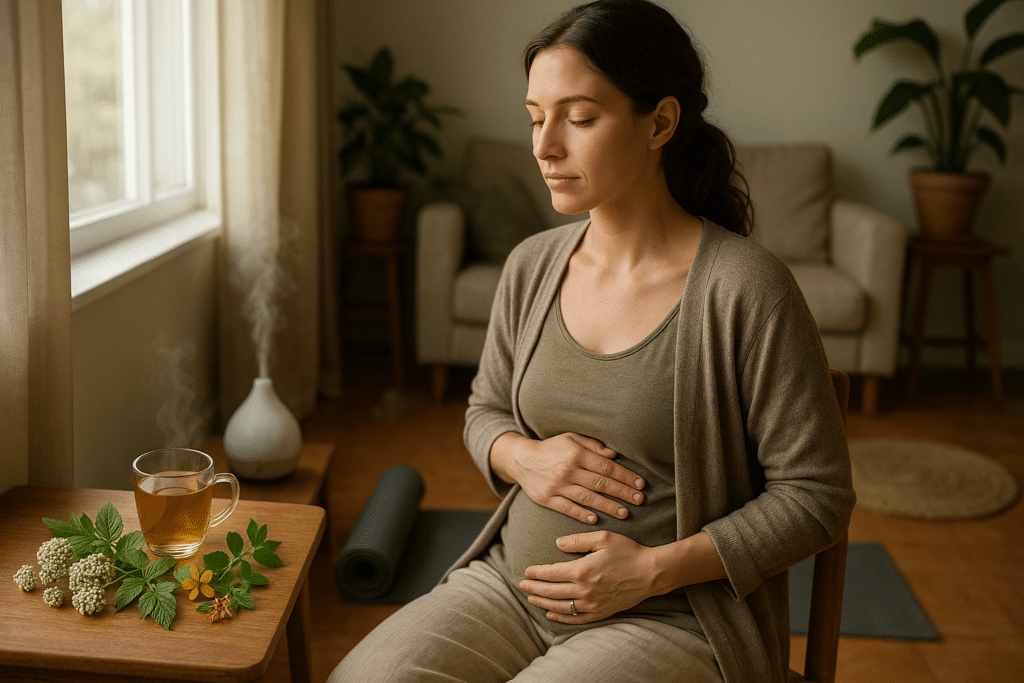 Nő meditál teherbeesés elősegítése gyógynövényes támogatással, nyugodt otthoni környezetben
