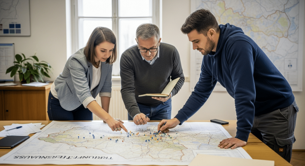 Területrendezés értekezlet: három szakember térképet vizsgál