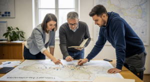 Területrendezés értekezlet: három szakember térképet vizsgál