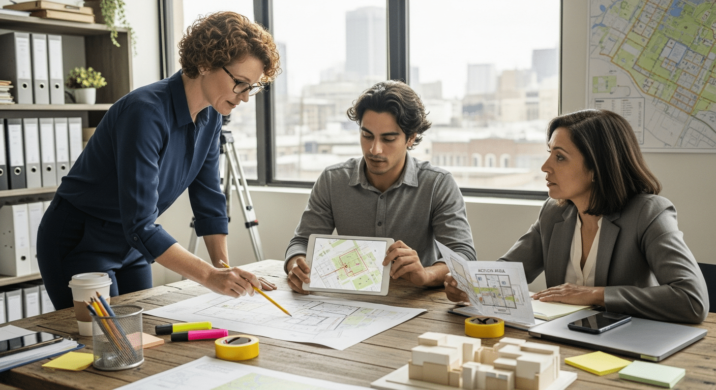 önkormányzati tanácsadás: szakértők akciótervet tárgyalnak tervezőasztalnál