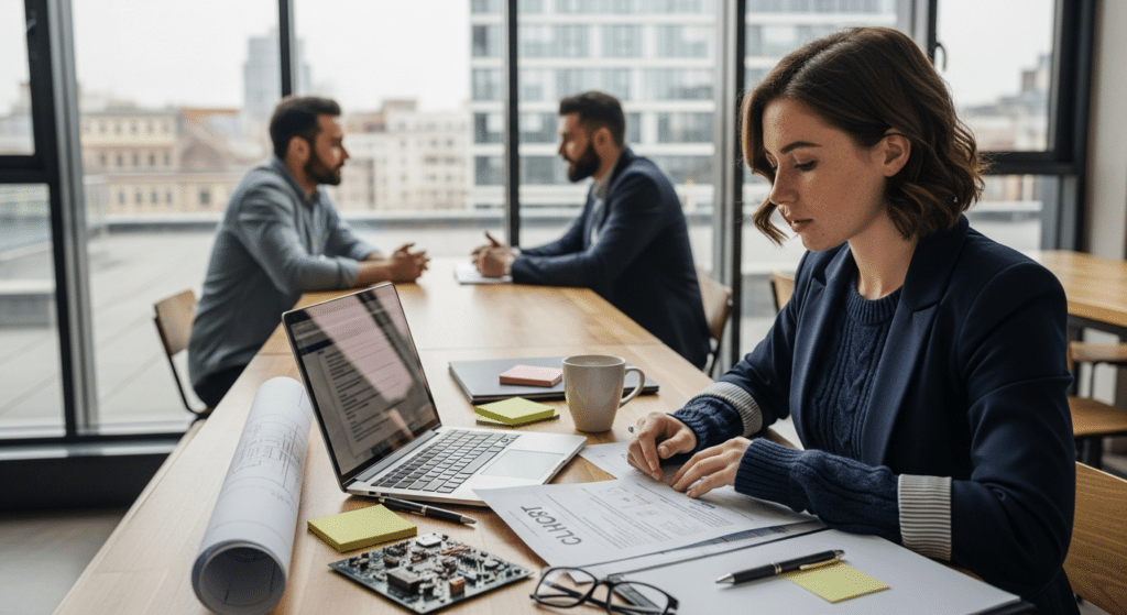 Nő mérnöki állások után kutat coworking irodában laptopnál