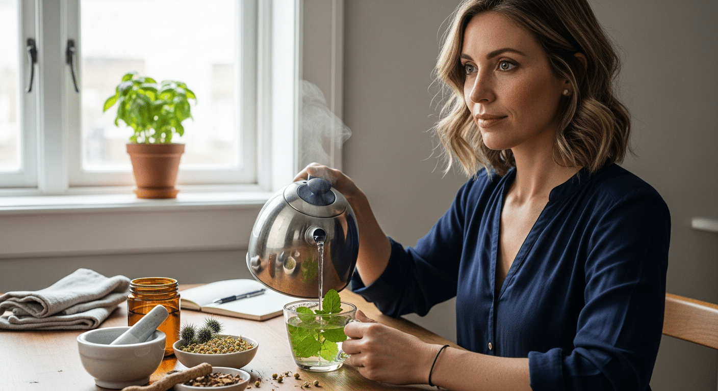 Nő készít gyógynövényes teát, hormonális problémák természetes kezelése