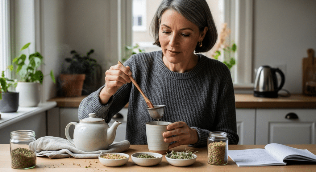 Középkorú nő gyógynövényes tea rituáléja, menopauza támogatása