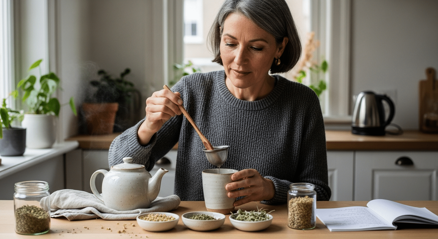 Középkorú nő gyógynövényes tea rituáléja, menopauza támogatása